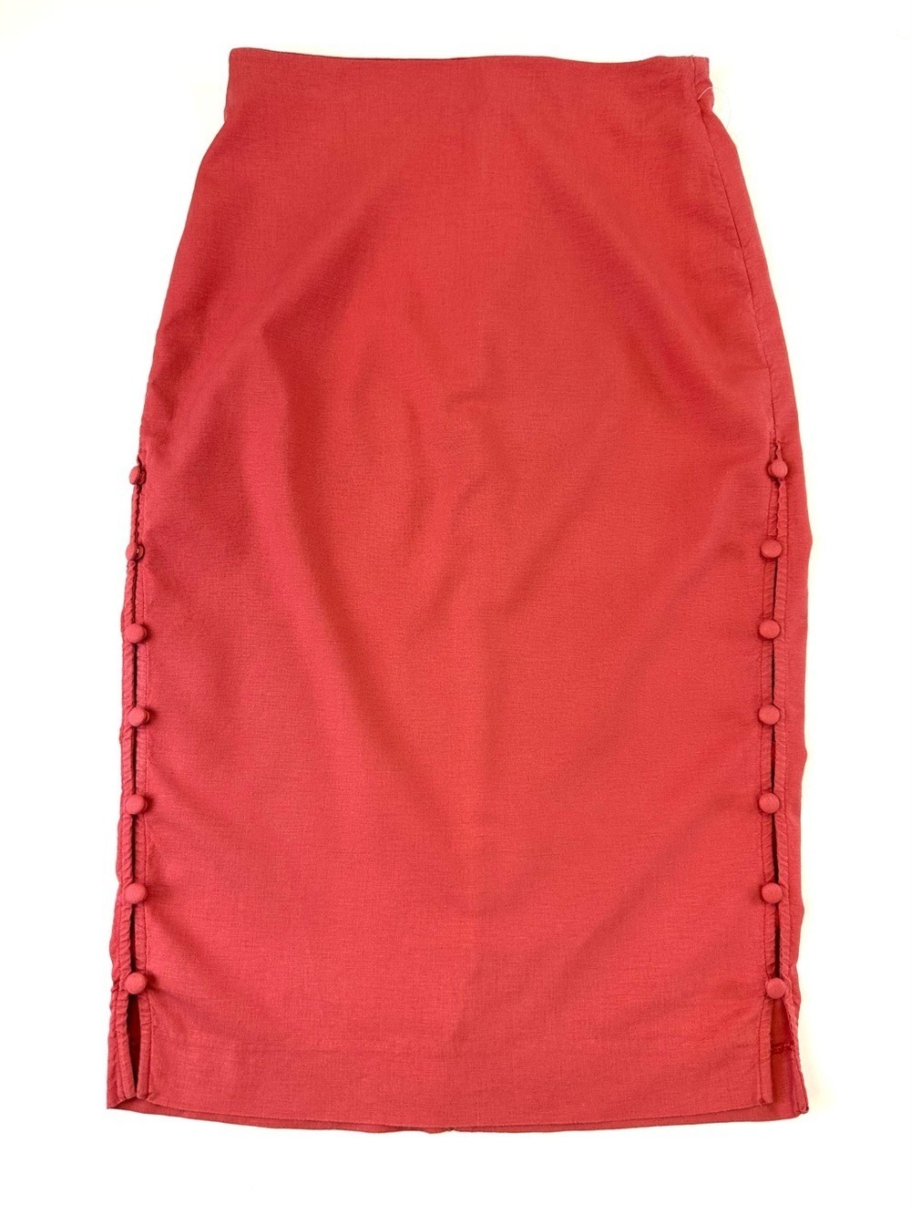L’Academie Linen Blend Pencil Skirt Coral Midi Side Button Small